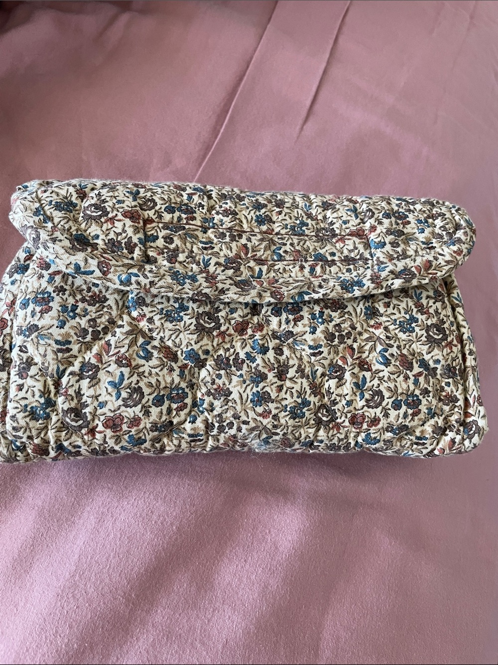 Quilted Floral Fold-Over Clutch in Cream and Blue